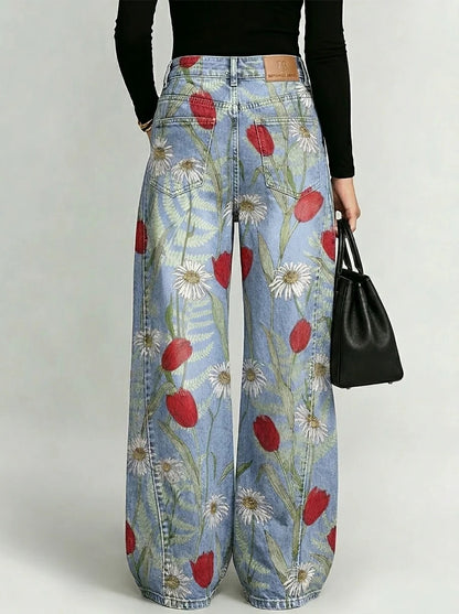 Eleganti pantaloni in denim da donna con motivi floreali decorativi🌺