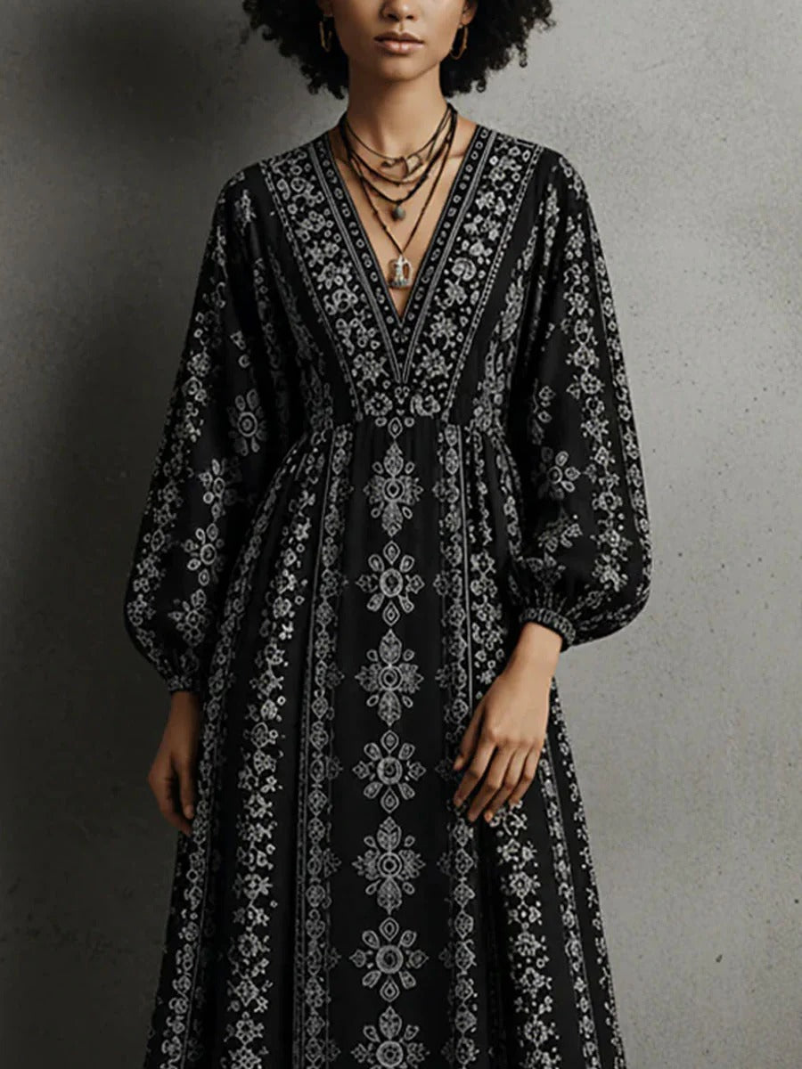 Abito lungo da donna casual con scollo a V e stampa bohémien