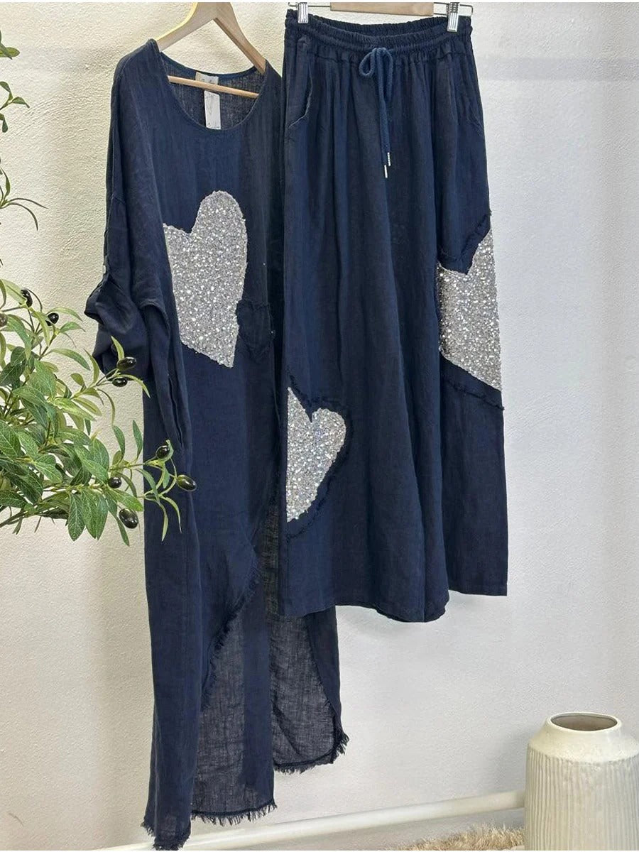 Set Valentina casual a due pezzi in misto cotone e lino con stampa a cuori