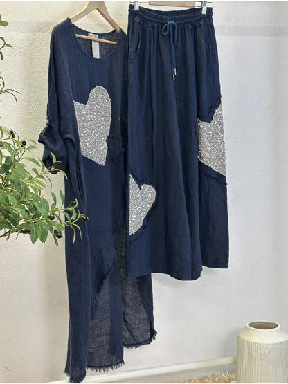 Set Valentina casual a due pezzi in misto cotone e lino con stampa a cuori