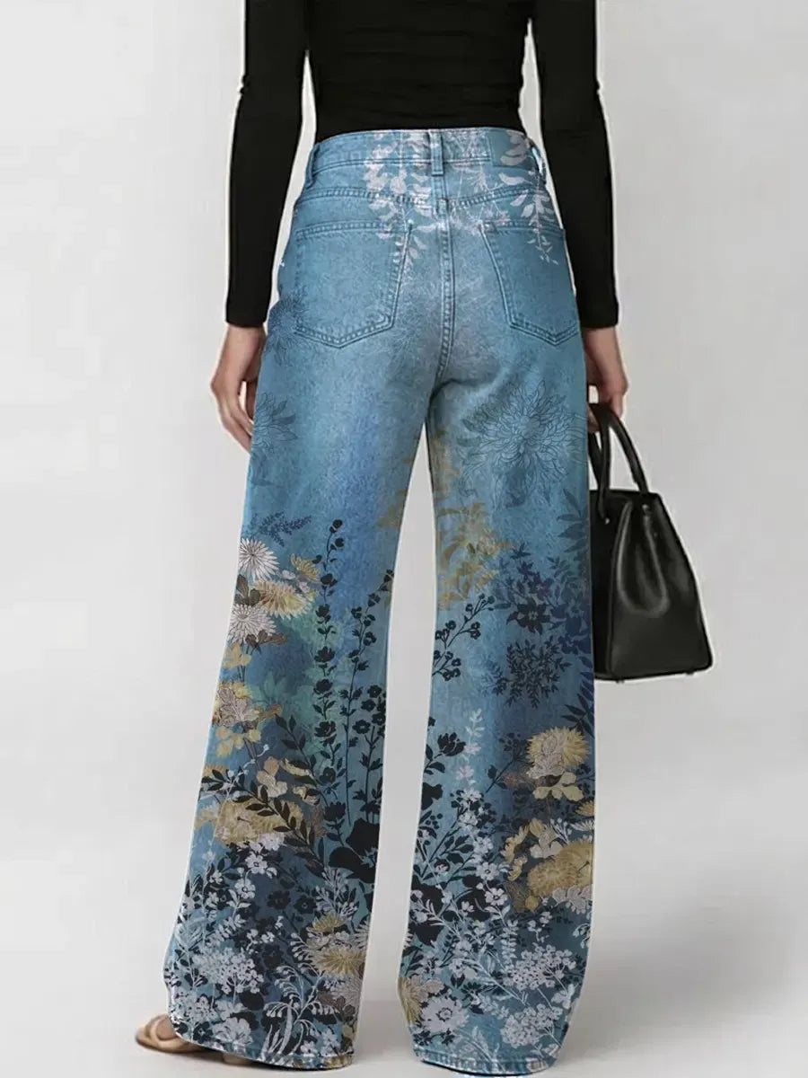 Jeans da donna casual alla moda con stampa floreale sfumata vintage e ritagli.💎
