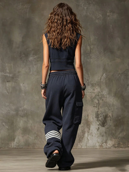 Completo sportivo casual a due pezzi: top senza maniche in cotone con mezza zip e pantaloni
