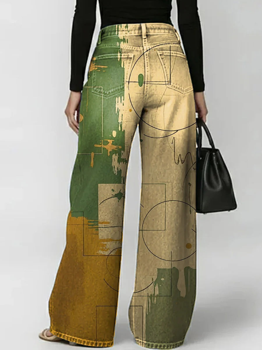 Pantaloni da donna in denim traforato casual ed elegante con stampa geometrica retrò.