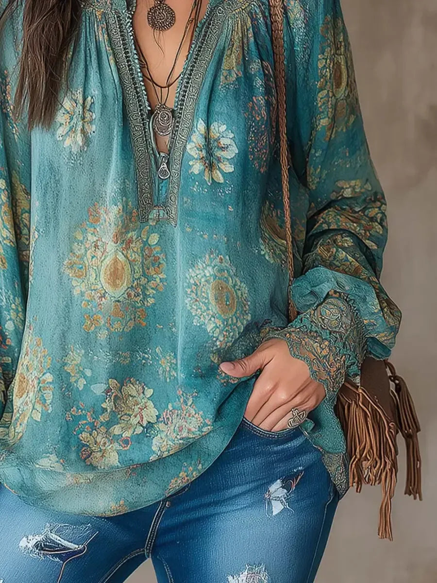 Camicia Rebecca casual a maniche lunghe in cotone con stampa floreale etnica
