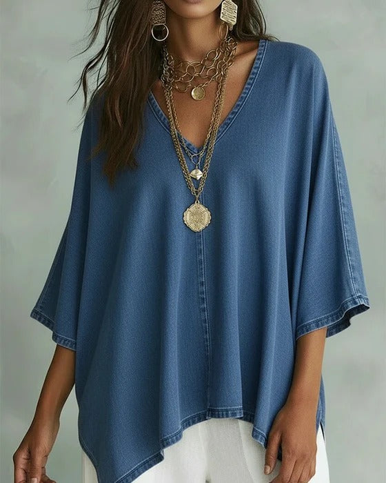 Camicetta in denim ampio con scollo a V fresco