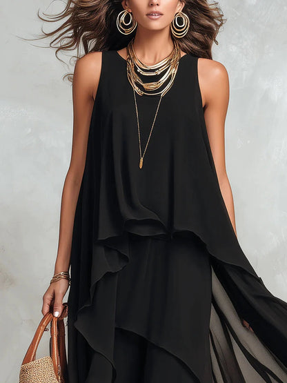 Abito lungo senza maniche con scollo rotondo e strati in chiffon nero 🖤