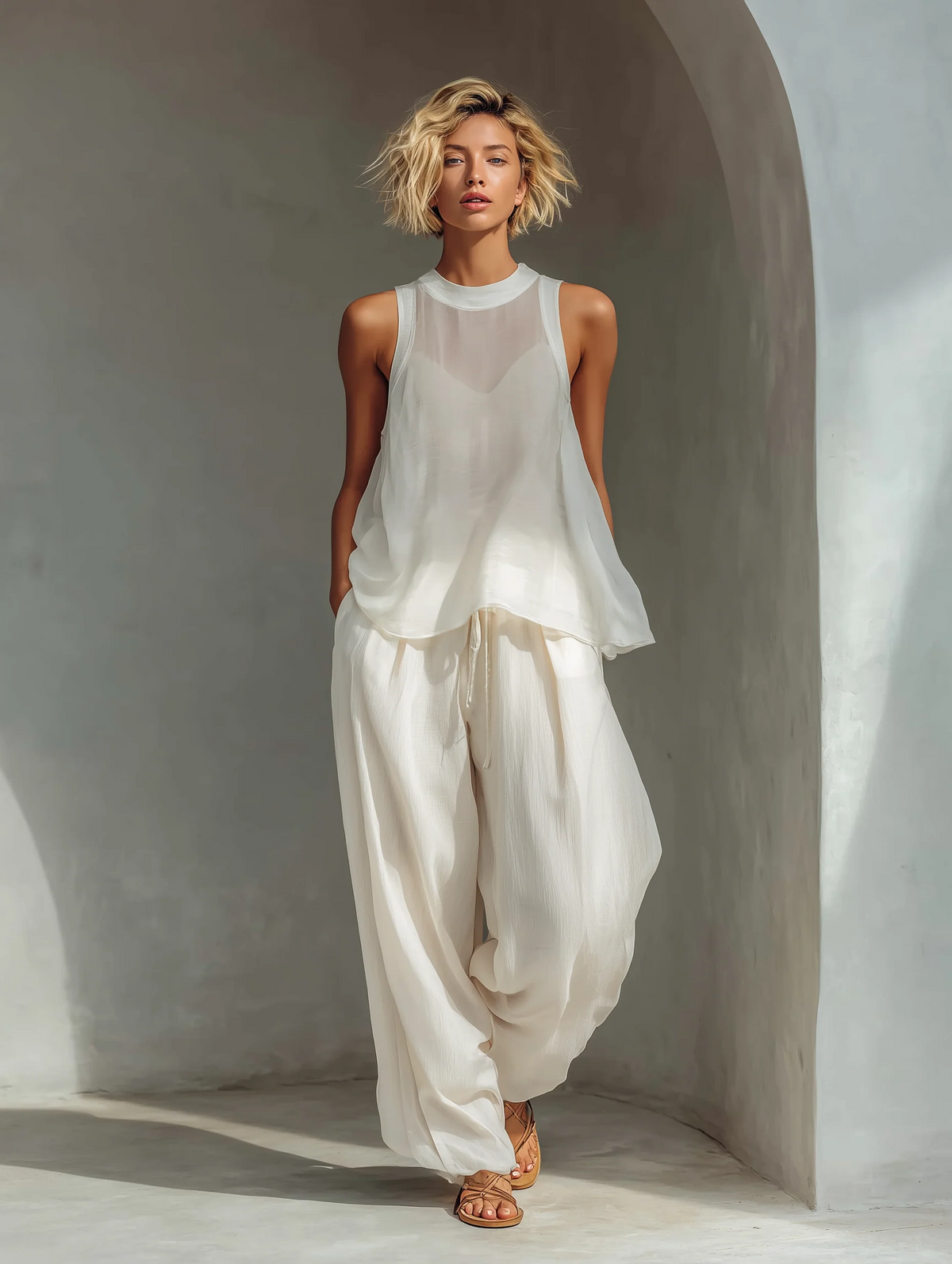 Set a due pezzi composto da top senza maniche in chiffon e pantaloni a gamba larga in misto cotone e lino.