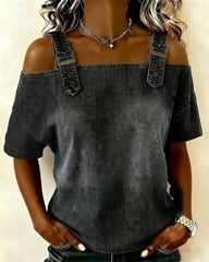 Camicetta in denim con spalle scoperte e spalline