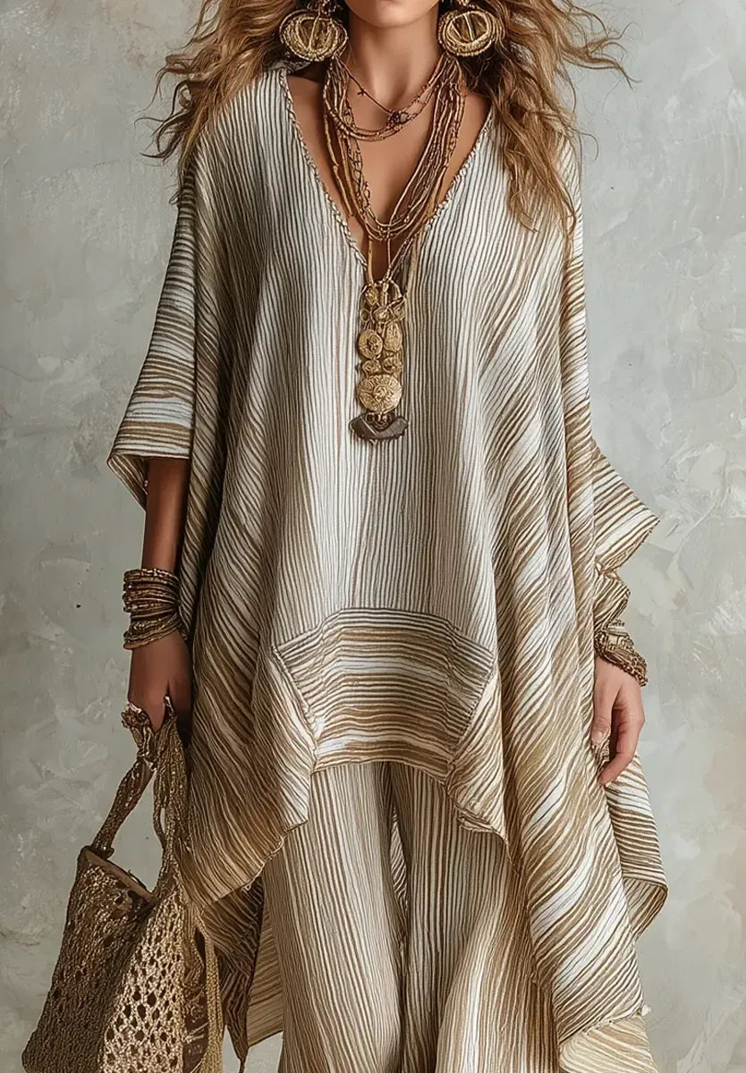 Set Nicole elegante e casual in cotone e lino a righe, composto da top e pantaloni
