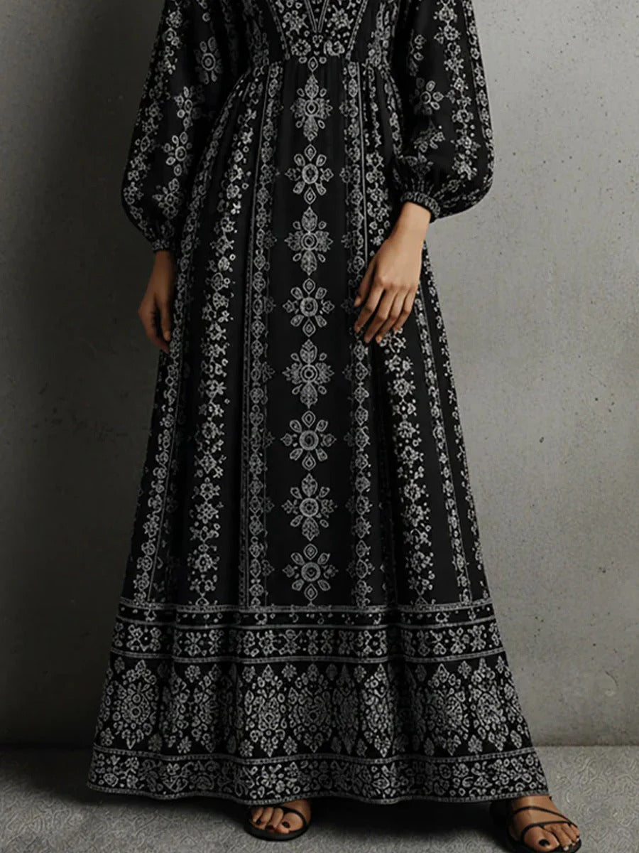 Abito lungo da donna casual con scollo a V e stampa bohémien