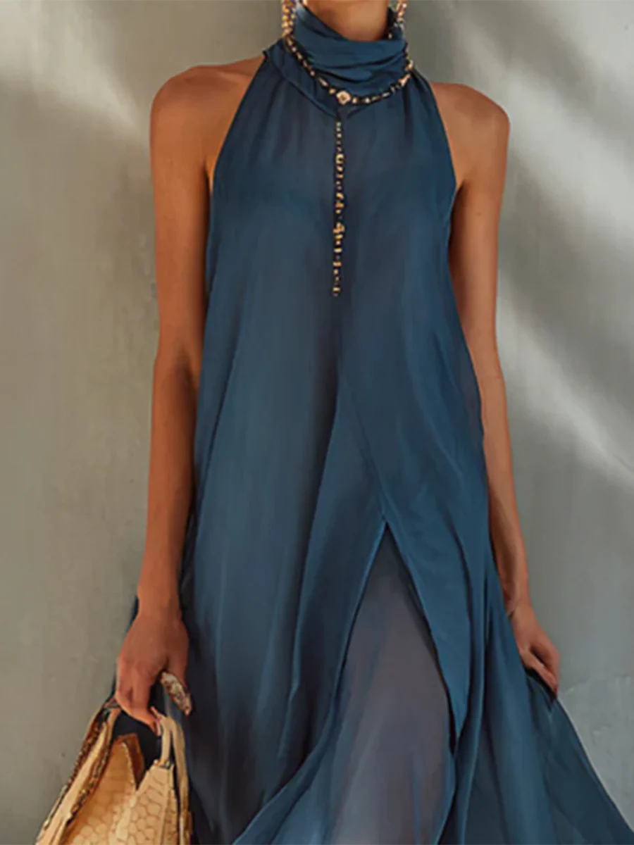 Elegante abito da festa in chiffon con collo alto, perfetto per le vacanze.