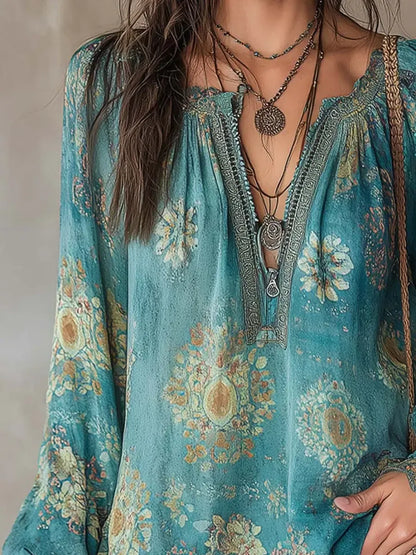 Camicia Rebecca casual a maniche lunghe in cotone con stampa floreale etnica