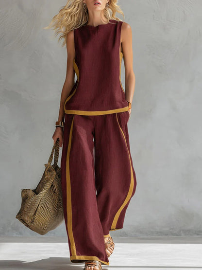 Set 100% lino con top casual ampio senza maniche a girocollo e pantaloni ampi a gamba larga a vita alta.