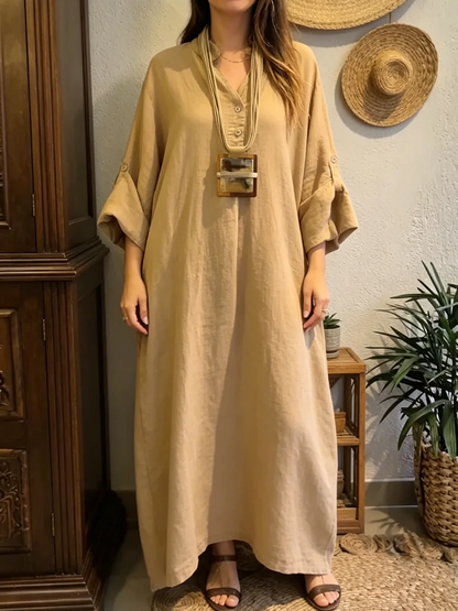 Abito lungo casual e comodo in cotone e lino con scollo a V.