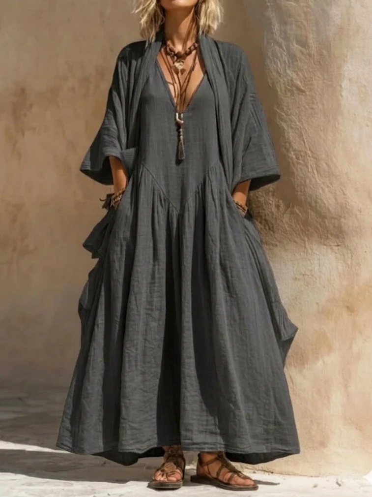 Set Helen a due pezzi composto da abito cardigan casual in stile bohémien in cotone e lino