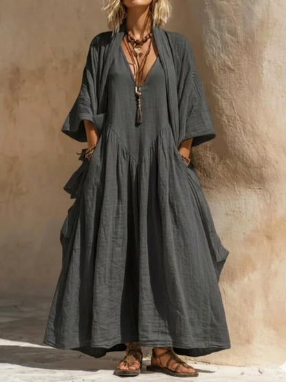 Set Helen a due pezzi composto da abito cardigan casual in stile bohémien in cotone e lino