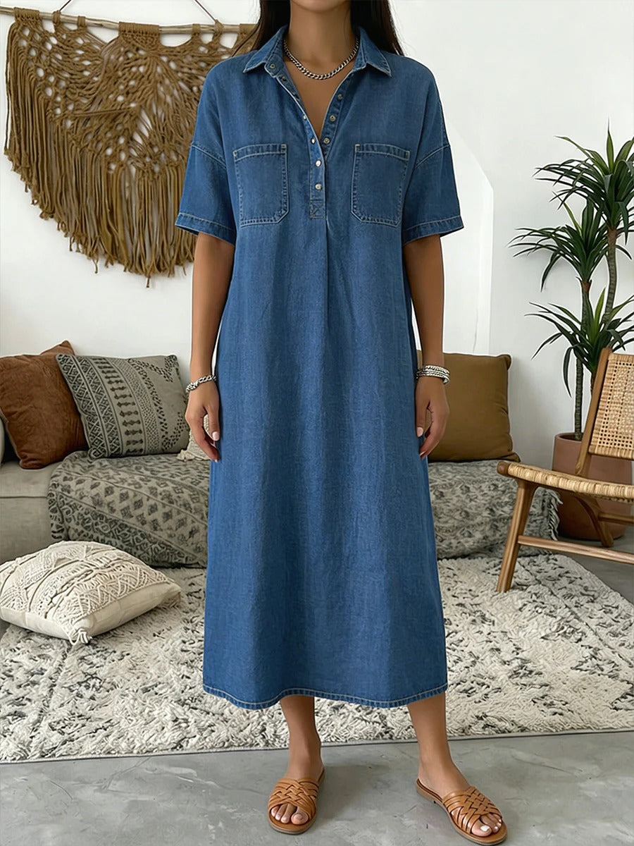 Abito Ashley casual in denim con colletto polo e maniche corte