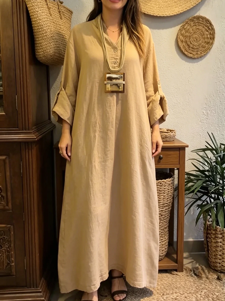 Abito lungo casual e comodo in cotone e lino con scollo a V.