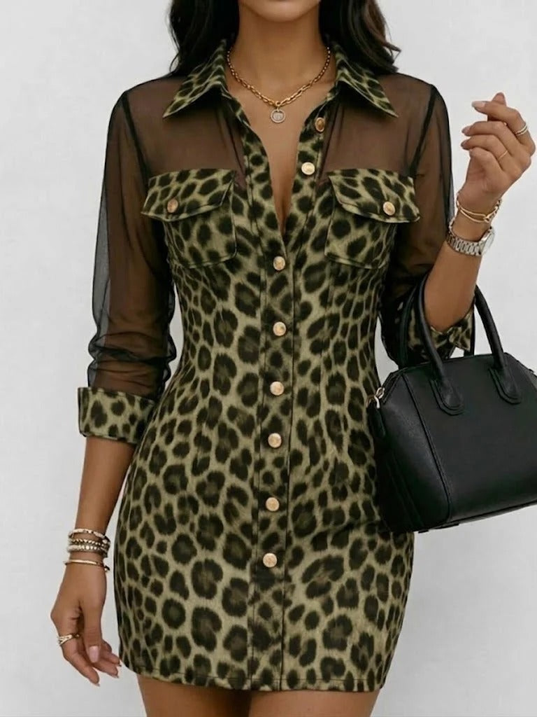 Abito elegante e sensuale in chiffon con inserti e stampa leopardata