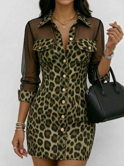 Abito elegante e sensuale in chiffon con inserti e stampa leopardata