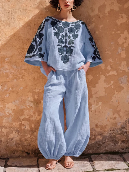 Set Amelia a due pezzi in misto cotone e lino con stampa floreale