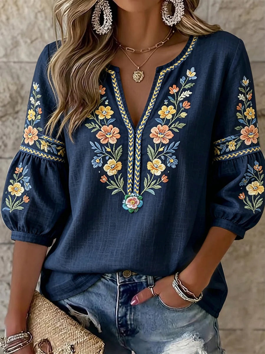 Top da donna vintage svedese in stile etnico con motivi floreali e scollo a V