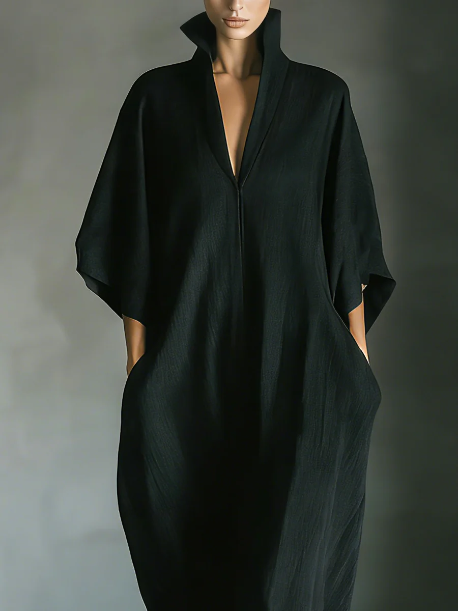 Abito lungo oversize con maniche a kimono in tessuto misto cotone nero