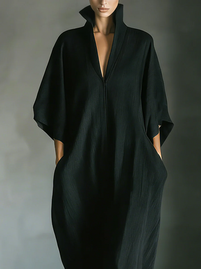 Abito lungo oversize con maniche a kimono in tessuto misto cotone nero