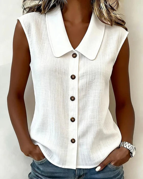 Camicia senza maniche in misto lino e cotone con revers