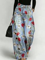 Eleganti pantaloni in denim da donna con motivi floreali decorativi🌺