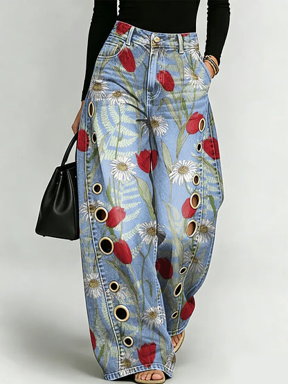 Eleganti pantaloni in denim da donna con motivi floreali decorativi🌺