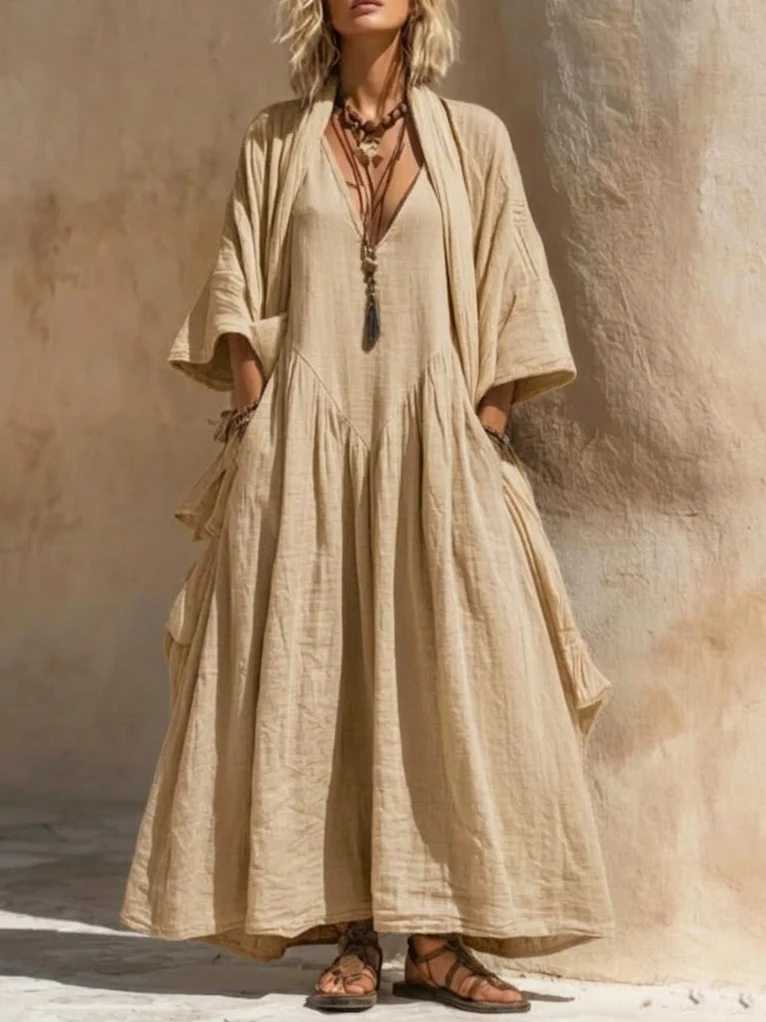 Set Helen a due pezzi composto da abito cardigan casual in stile bohémien in cotone e lino
