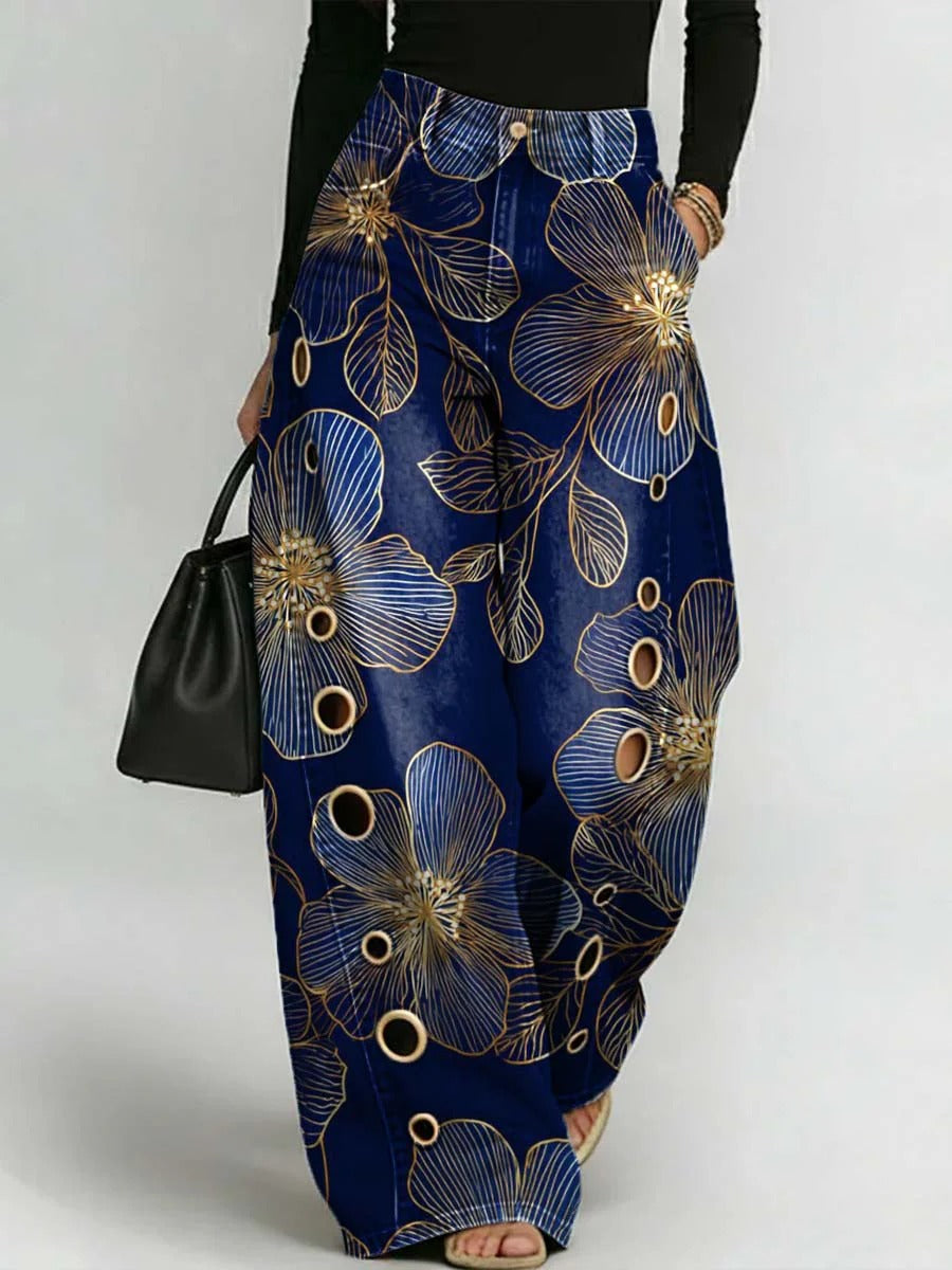 Pantaloni da donna in denim traforato casual ed elegante con stampa floreale retrò.