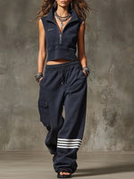 Completo sportivo casual a due pezzi: top senza maniche in cotone con mezza zip e pantaloni