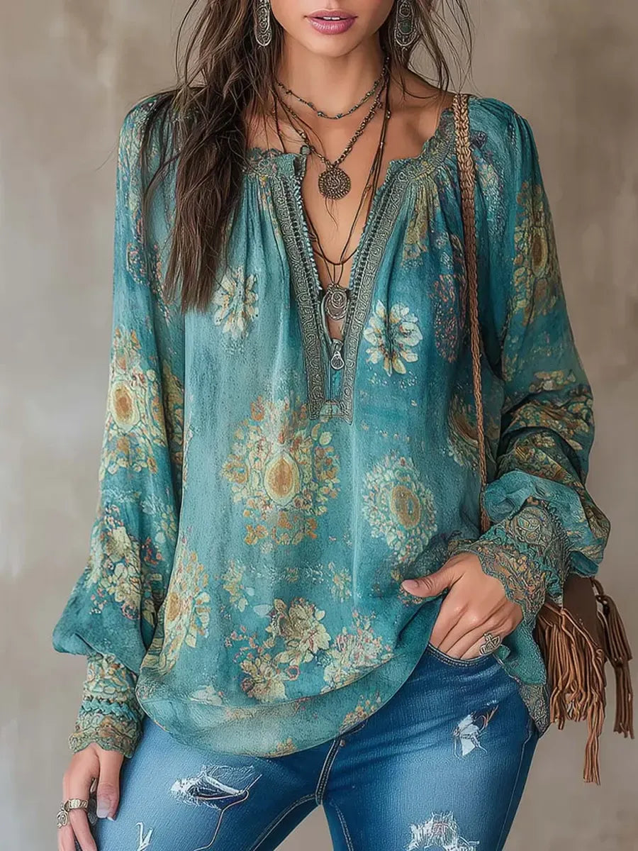 Camicia Rebecca casual a maniche lunghe in cotone con stampa floreale etnica