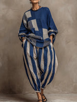 Set Jennifer a due pezzi in misto cotone e lino con stampa a righe artistica