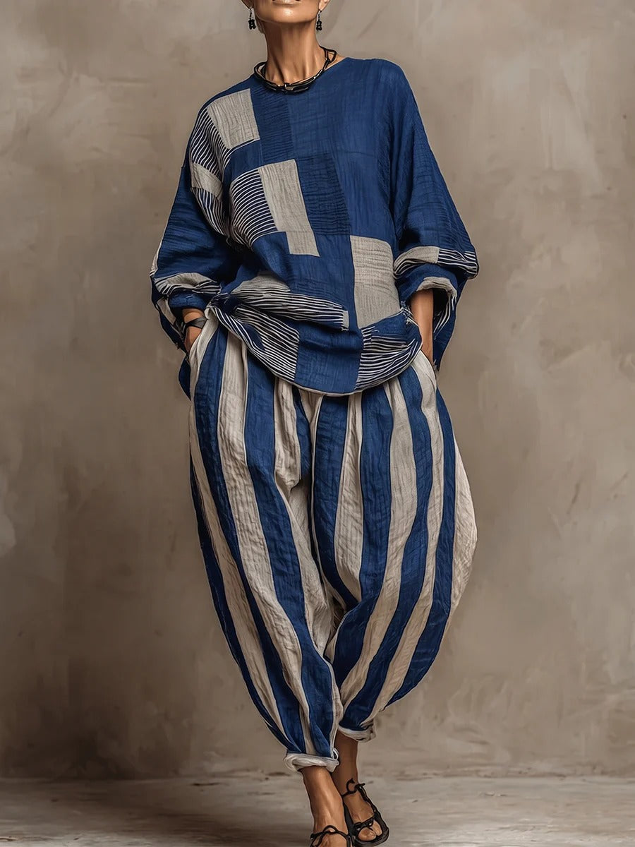 Set Jennifer a due pezzi in misto cotone e lino con stampa a righe artistica