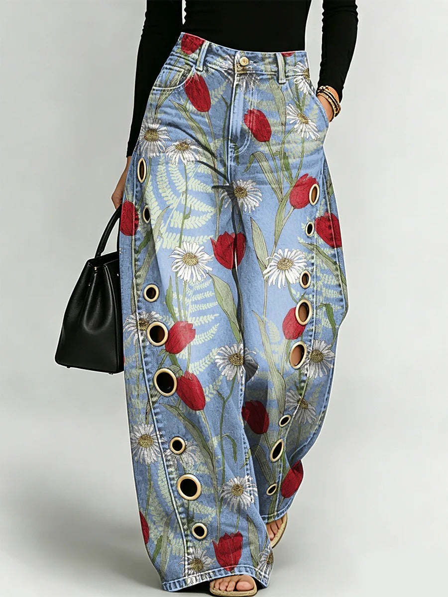 Eleganti pantaloni in denim da donna con motivi floreali decorativi🌺