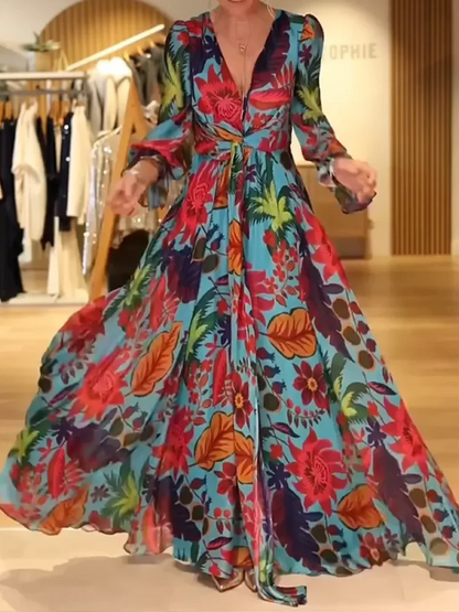 Abito lungo a fiori con elegante scollo a V