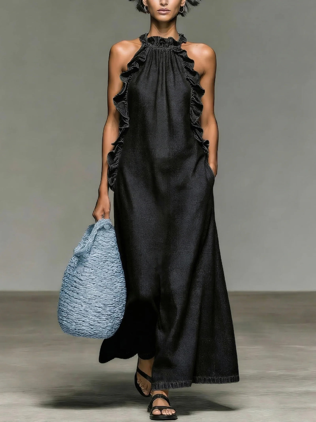 Abito Alyssa in denim con volant, elegante e romantico
