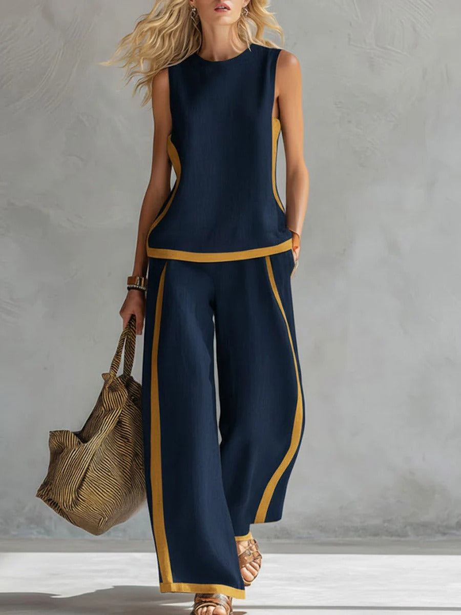 Set 100% lino con top casual ampio senza maniche a girocollo e pantaloni ampi a gamba larga a vita alta.