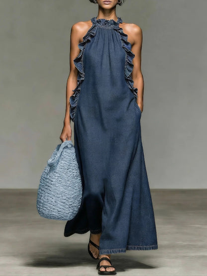 Abito Alyssa in denim con volant, elegante e romantico