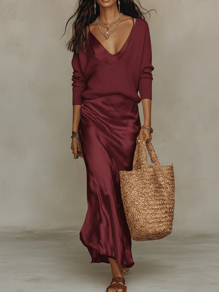 Completo midi in maglia avorio e raso, facile da indossare.