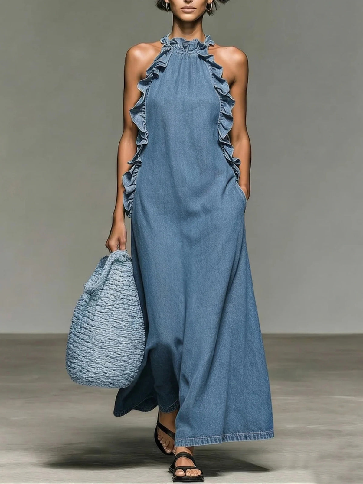 Abito Alyssa in denim con volant, elegante e romantico