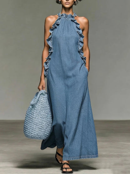 Abito Alyssa in denim con volant, elegante e romantico