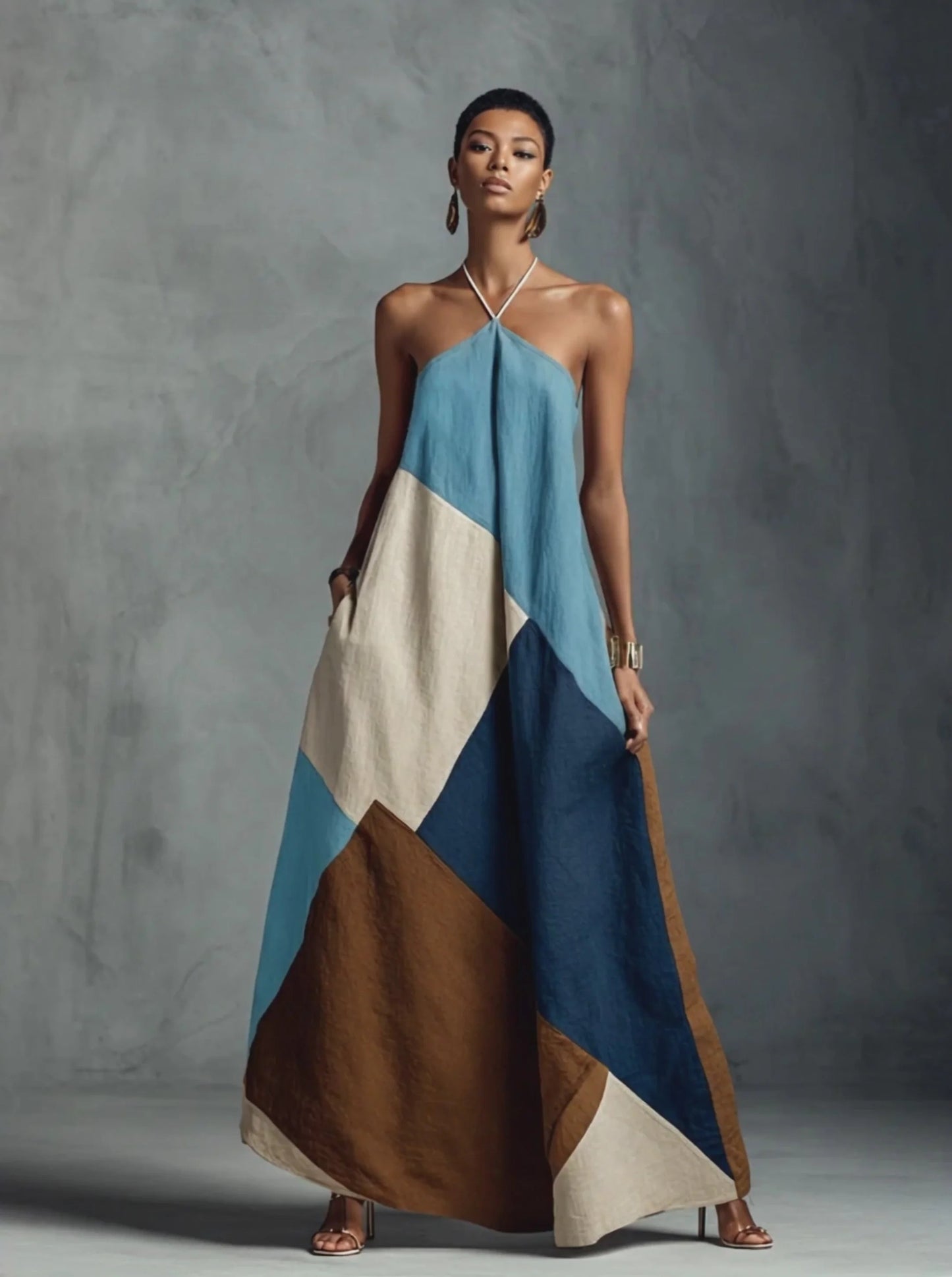 ABITO LUNGO DA DONNA IN STILE BOHEMIEM IN MISTO COTONE E LINO
