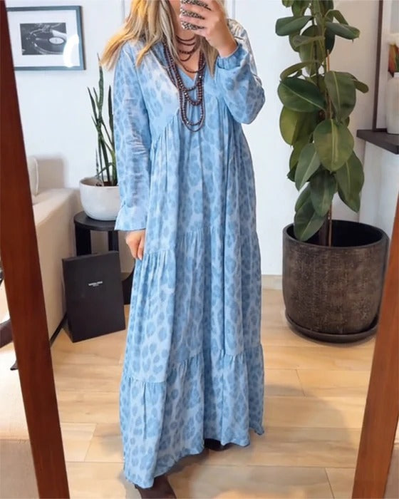 Abito lungo alla moda con scollo a V e stampa leopardata