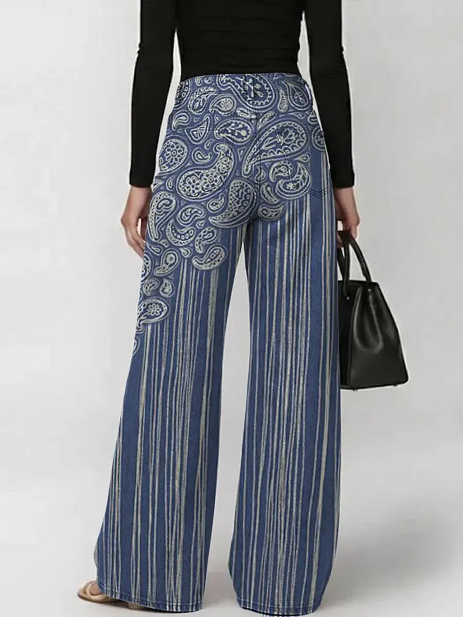 Jeans da donna casual con stampa a righe paisley vintage e aperture laterali.