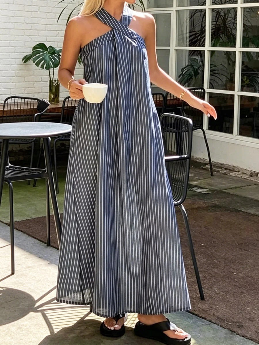 Abito da donna a righe, elegante e senza maniche, in cotone e lino.
