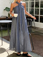 Abito da donna a righe, elegante e senza maniche, in cotone e lino.